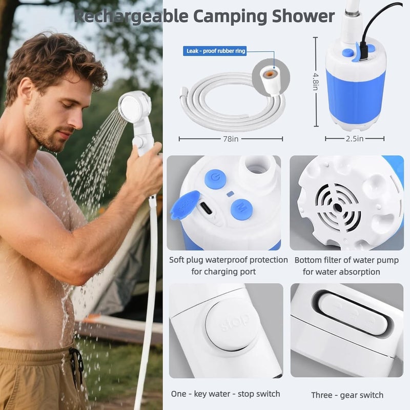Silanit Portable Shower for Camping, Rechargeable Portable Camping Shower Pump with USB-C, Camp Shower with 3 Spray Modes, Outdoor Shower Kit for Camping, RV, Travel, Pet Bath, Watering Plants (+ Mesh Bag) - Image 2